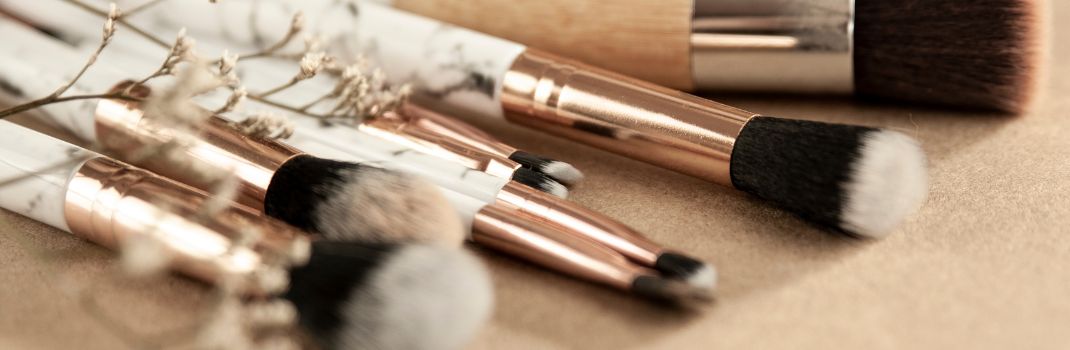 Professional makeup brushes with soft bristles arranged on a surface for beauty and cosmetic application
